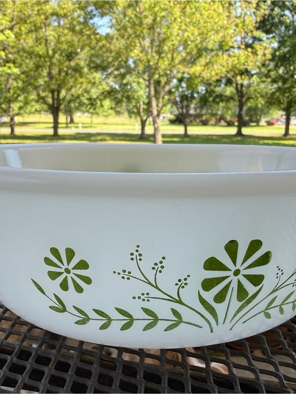 White Serve Bowl with Green Floral Pattern